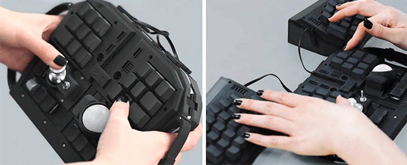 The Grab Shell keyboard being demonstrated in both handheld mode, and used flat on a desk.