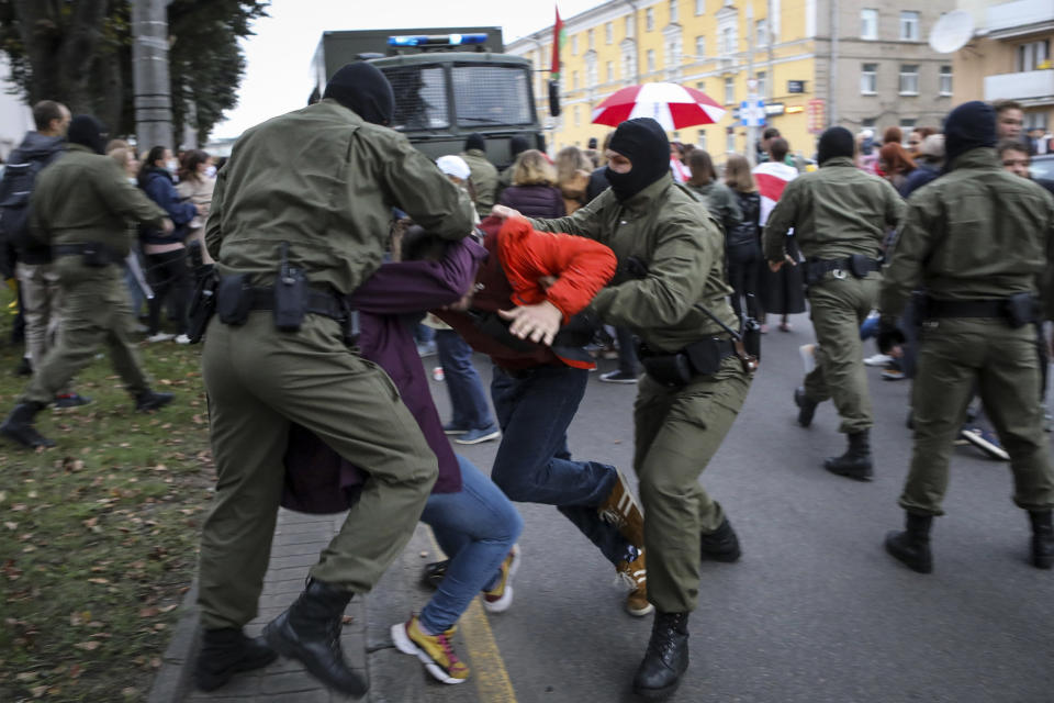 FILE - Police officers detain protesters during a rally in support of opposition figure Maria Kolesnikova in the capital of Minsk, Belarus, on Tuesday, Sept. 8, 2020. It's been a year since Kolesnikova last wrote a letter to her family from behind bars, according to her father. No one has seen Kolesnikova, who is serving 11 years in prison for organizing anti-government rallies, or heard from her since Feb. 12, 2023. (AP Photo, File)