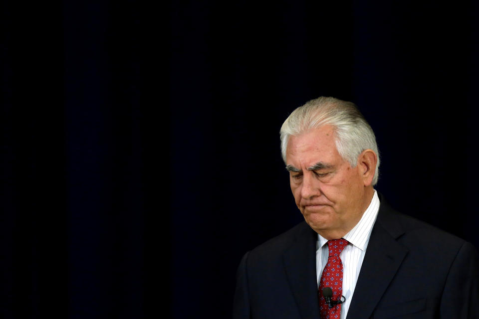 FILE PHOTO: U.S. Secretary of State Rex Tillerson delivers remarks to the employees at the State Department in Washington, U.S., May 3, 2017. REUTERS/Yuri Gripas/Files