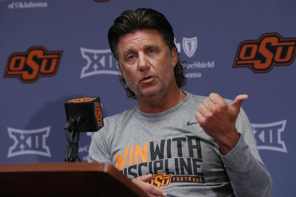 Oklahoma State head coach Mike Gundy during an NCAA college football media day in Stillwater Okla., Saturday, Aug. 3, 2019. (AP Photo/Sue Ogrocki)