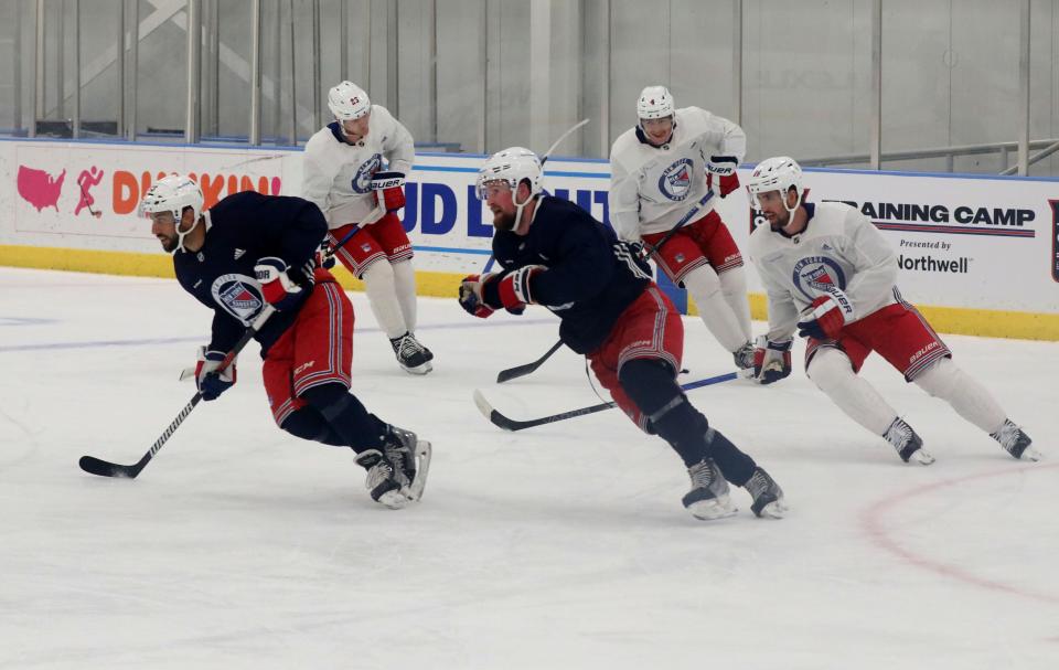 New York Rangers skate drills during a training session at their facility in Tarrytown, Sept. 22, 2023. 