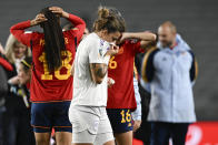 Spain’s reserve goalkeeper Misa Rodriguez reacts as she leave the field following the Women's World Cup semifinal soccer match against Sweden at Eden Park in Auckland, New Zealand, Tuesday, Aug. 15, 2023. (AP Photo/Andrew Cornaga)