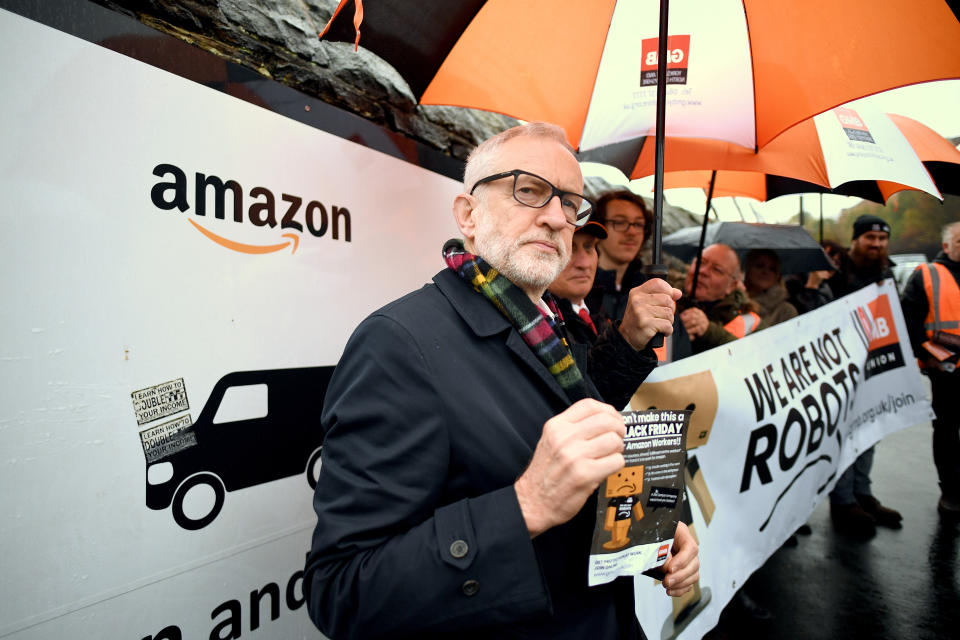 Labour Party leader Jeremy Corbyn outside an Amazon depot in Sheffield, South Yorkshire, to announce plans for a workers' rights revolution and to ensure big businesses pay their fair share of taxes.