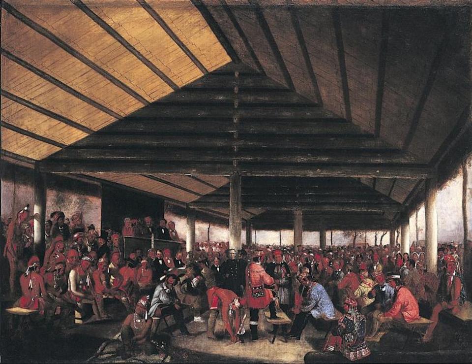 In 1843, the International Indian Council, consisting of hundreds of tribe members from throughout the U.S., met at Tallequah, Indian Territory. Several U.S. government officials were also in attendance. <a href="https://americanart.si.edu/artwork/international-indian-council-held-tallequah-indian-territory-1843-22854" rel="nofollow noopener" target="_blank" data-ylk="slk:John Mix Stanley/Smithsonian American Art Museum;elm:context_link;itc:0;sec:content-canvas" class="link ">John Mix Stanley/Smithsonian American Art Museum</a>