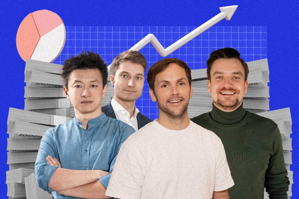 Haben mit ihren Startups in diesem Jahr neunstellige Finanzierungen eingesammelt: Tao Tao und Johannes Reckmann, Philipp Schröder, Mario Kohle (v.l.n.r.).  - Copyright: Getyourguide/1Komma5°/Enpal