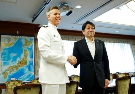 New U.S. Indo-Pacific military commander (INDOPACOM) Adm. Phillip Davidson (L) meets with Japan's Defense Minister Itsunori Onodera at the Defense Ministry in Tokyo, Japan, June 21, 2018. REUTERS/Issei Kato
