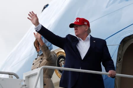 U.S. President Donald Trump and first lady Melania Trump board Air Force One as they depart Shannon international airport en route to Washington, in Shannon, Ireland