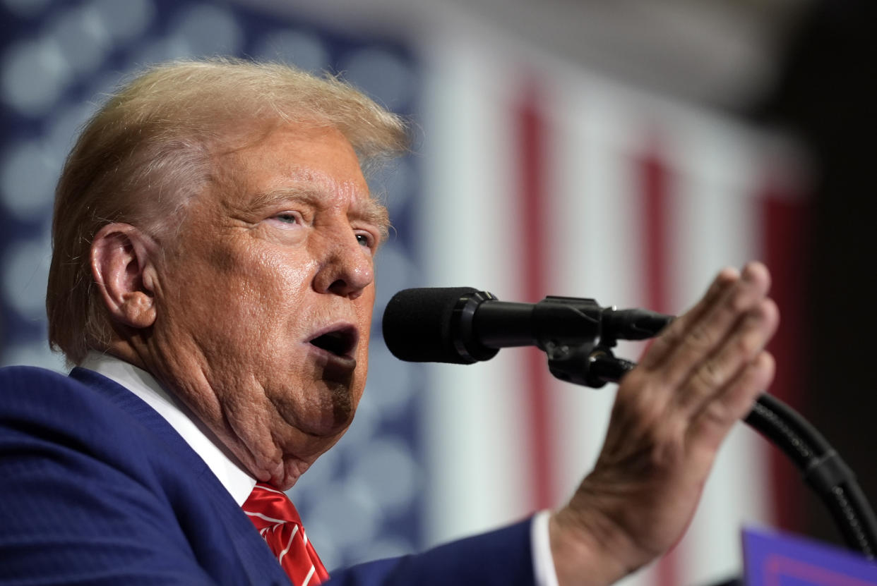 Republican presidential nominee former President Donald Trump speaks at a campaign event in Johnstown, Pa., in August.