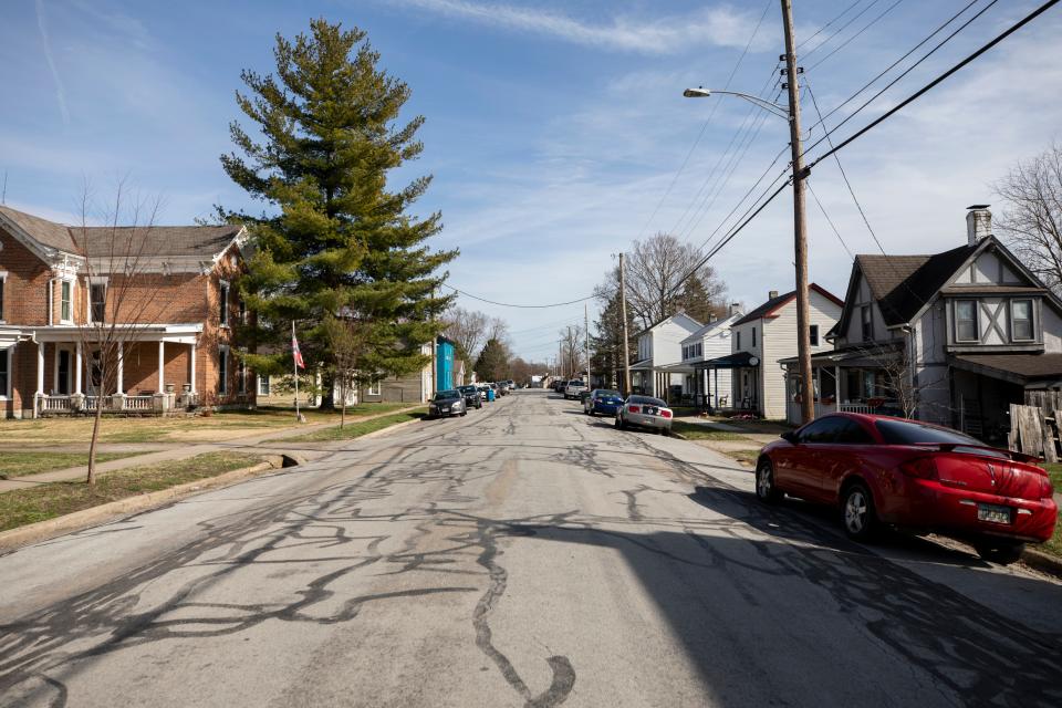 Houses line Main Street in Harveysburg, Ohio