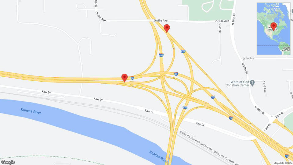 A detailed map that shows the affected road due to 'Kaw Drive Frontage Road closed in Kansas City' on May 17th at 11:44 p.m.