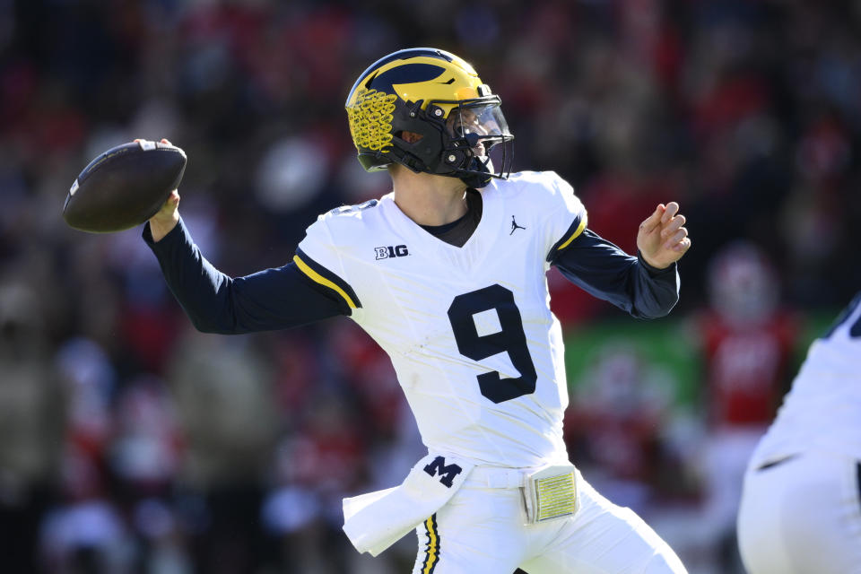 Michigan quarterback J.J. McCarthy (9) in action during the first half of an NCAA college football game against Maryland, Saturday, Nov. 18, 2023, in College Park, Md. (AP Photo/Nick Wass)