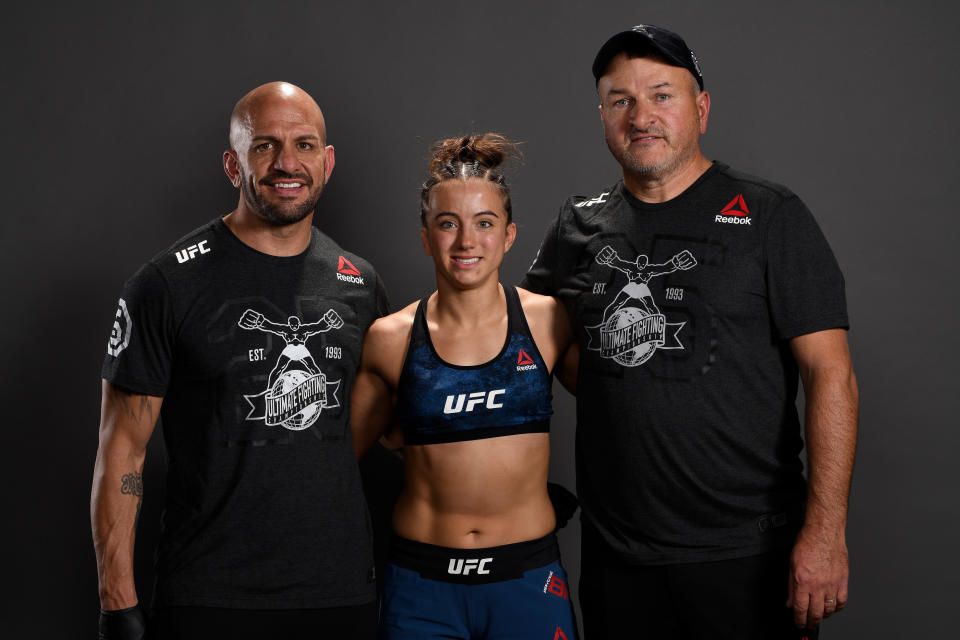 DENVER, CO - NOVEMBER 10:  Maycee Barber poses for a post fight portrait backstage during the UFC Fight Night event inside Pepsi Center on November 10, 2018 in Denver, Colorado. (Photo by Mike Roach/Zuffa LLC/Zuffa LLC via Getty Images)