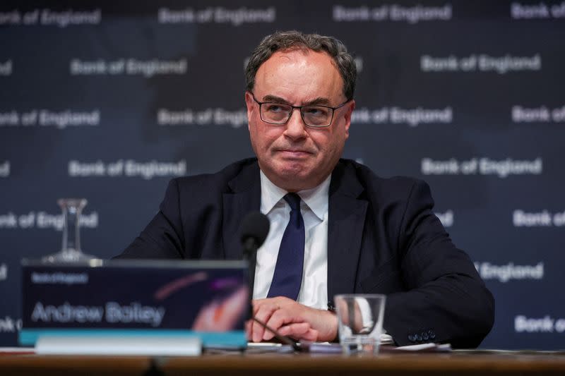 FILE PHOTO: Governor of the Bank of England Andrew Bailey holds a press conference in London