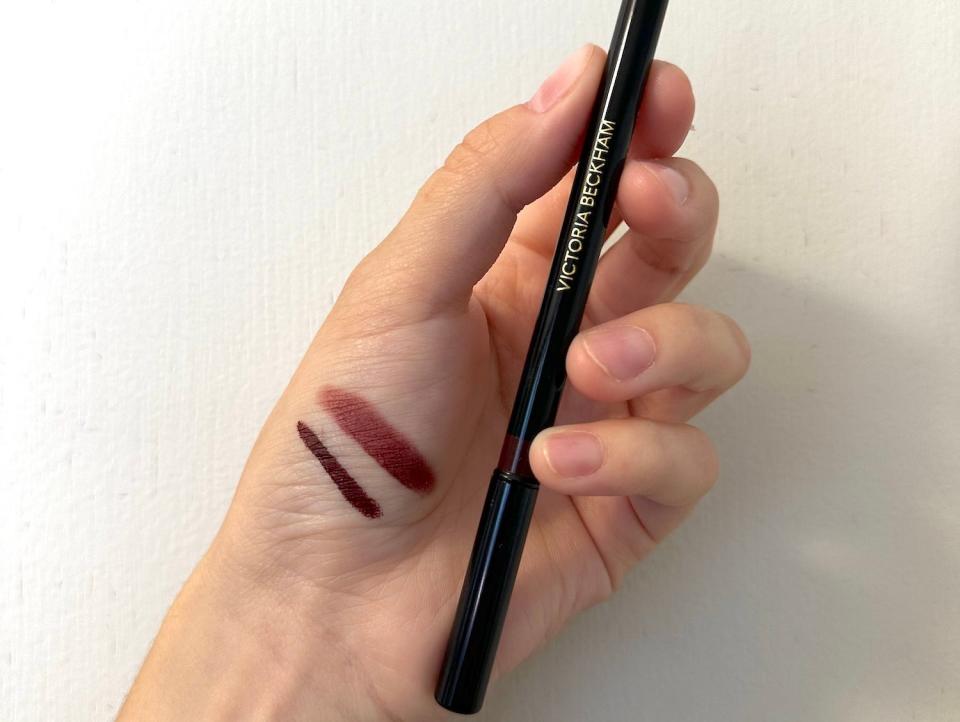 Swatches of the Victoria Beckham Beauty pencil eyeliner.