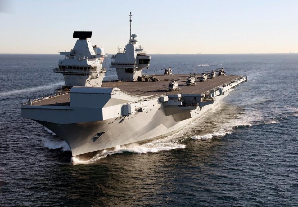 The U.K. Royal Navy’s aircraft carrier HMS <em>Queen Elizabeth</em> features characteristic twin island superstructures. <em>Crown Copyright</em> The Royal Navy’s new aircraft carrier HMS Queen Elizabeth will arrive in Gibraltar today for her first overseas port visit. <em>Image by Dave Jenkins via Wikimedia Commons, CC-BY-2.0</em>