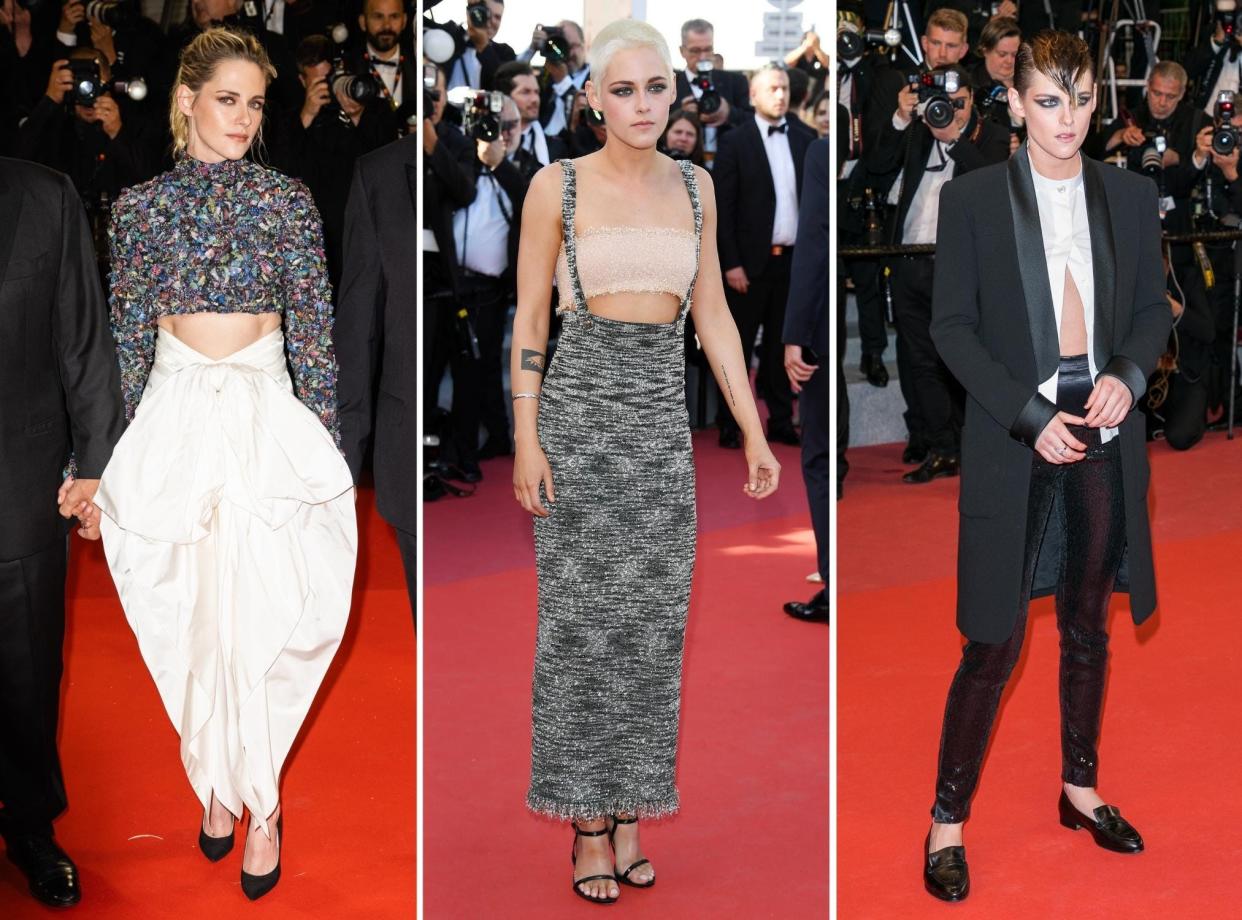 Kristen Stewart attending the Cannes Film Festival in 2022, 2017, and 2012.