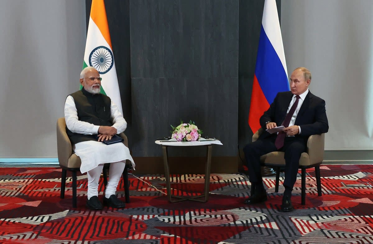Russian president Vladimir Putin meets with India’s prime minister Narendra Modi on the sidelines of the Shanghai Cooperation Organisation (SCO) leaders’ summit on 16 September 2022 (SPUTNIK/AFP via Getty Images)