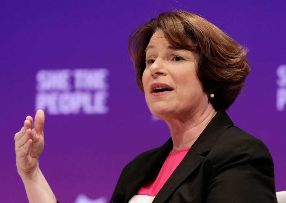 Presidential candidate Sen. Amy Klobuchar answers questions during a presidential forum held by She The People on the Texas State University campus Wednesday, April 24, 2019, in Houston. (AP Photo/Michael Wyke)