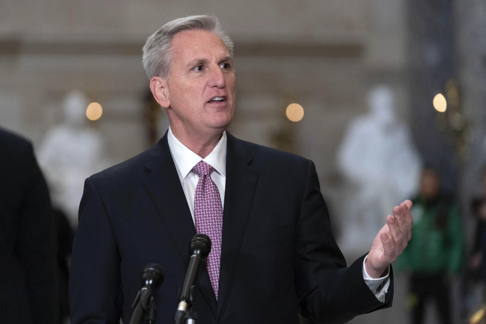 Speaker of the House Kevin McCarthy, R-Calif., meets with reporters just after the new House Republican majority ousted Democratic Rep. lhan Omar, a Somali-born Muslim from Minnesota, from the House Foreign Affairs Committee, at the Capitol in Washington, Thursday, Feb. 2, 2023. (AP Photo/Jose Luis Magana)