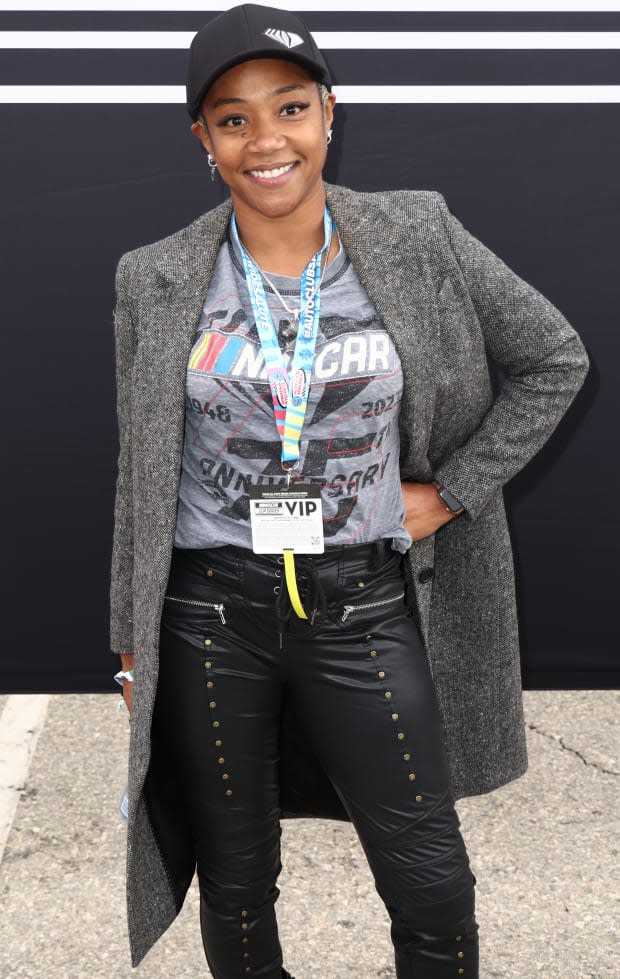 Tiffany Haddish poses for a photo on the red carpet prior to the NASCAR Cup Series Pala Casino 400 at Auto Club Speedway on Feb. 26, 2023, in Fontana, California.<p><a href="https://www.gettyimages.com/detail/1469813457" rel="nofollow noopener" target="_blank" data-ylk="slk:Joe Scarnici/Getty Images;elm:context_link;itc:0;sec:content-canvas" class="link ">Joe Scarnici/Getty Images</a></p>