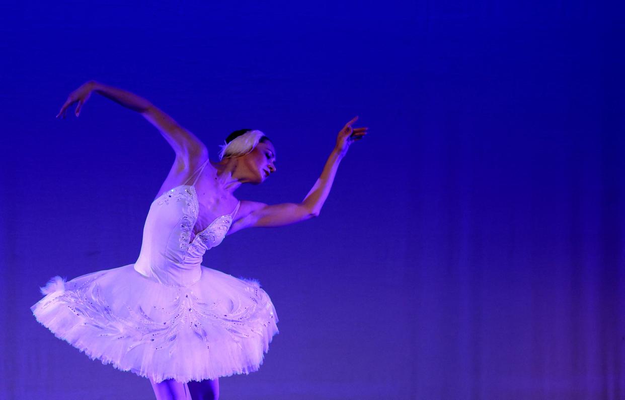 A ballerina from Kyiv City ballet performs on stage during the dress rehearsal for the opening night gala performance at York Theatre Royal in York (REUTERS)