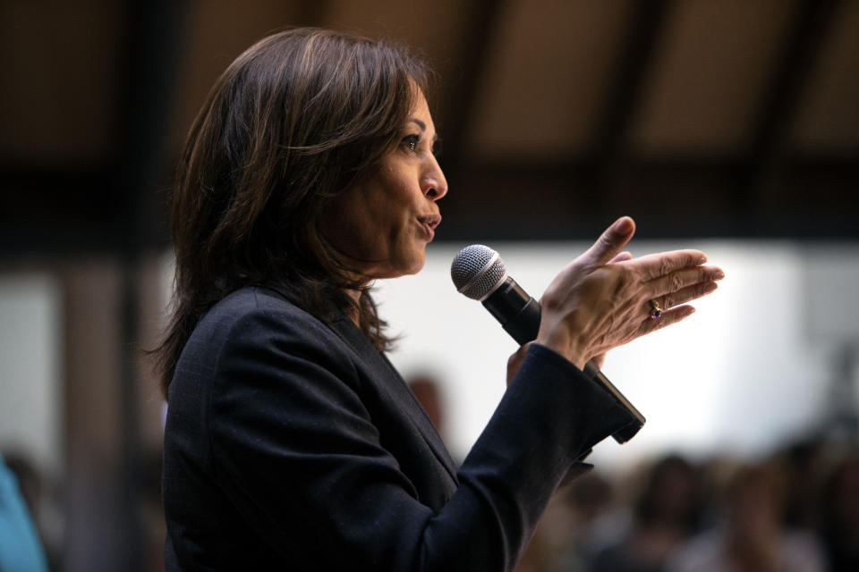 Presidential candidate U.S. Sen. Kamala Harris, D-Calif., speaks to supporters during a campaign stop at Convivium Urban Farmstead in Dubuque on Monday, June 10, 2019. (Eileen Meslar/Telegraph Herald via AP)/Telegraph Herald via AP)