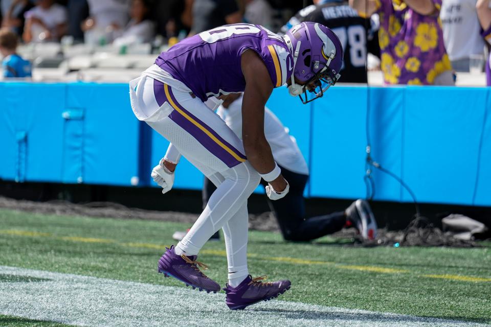 Vikings wide receiver Justin Jefferson celebrates his touchdown during the first quarter against the Panthers at Bank of America Stadium in Charlotte on Oct. 1, 2023.