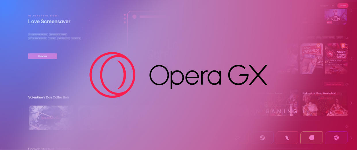  Opera GX web browser banner, blue to pink gradient with browser screenshots on left and right side and Opera GX logo centered. 