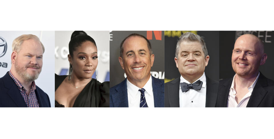 This combination photo shows comedians, from left, Jim Gaffigan, Tiffany Haddish, Jerry Seinfeld, Patton Oswalt and Bill Burr, who were nominated for a Grammy award in the best comedy album category. (AP Photo)