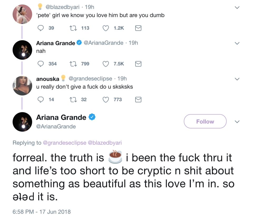 Ariana Grande responds to a fan questioning her engagement to Pete Davidson. (Photo: Ariana Grande via Twitter)