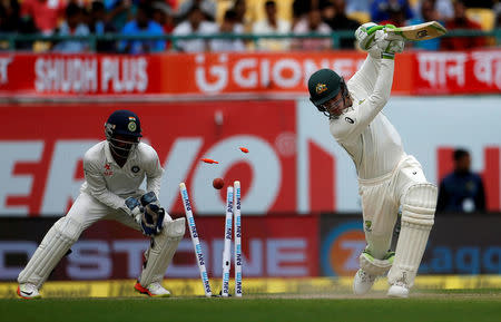 Cricket - India v Australia - Fourth Test cricket match - Himachal Pradesh Cricket Association Stadium, Dharamsala, India - 25/03/17 - Australia's Peter Handscomb is clean bowled. REUTERS/Adnan Abidi