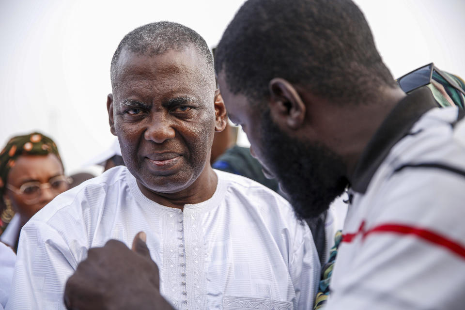 Presidential candidate Biram Ould Dah Ould Abeid takes part in a rally among his supporters, ahead of the presidential election end of the month, in Nouakchott, Mauritania, Monday, June 24, 2024. (AP Photo/Mamsy Elkeihel)