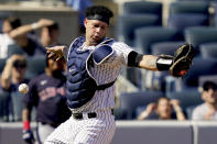 New York Yankees' Gary Sanchez misses a pop fly by Cleveland Indians' Oscar Mercado in the fifth inning of a baseball game, Saturday, Sept. 18, 2021, in New York. (AP Photo/John Minchillo)