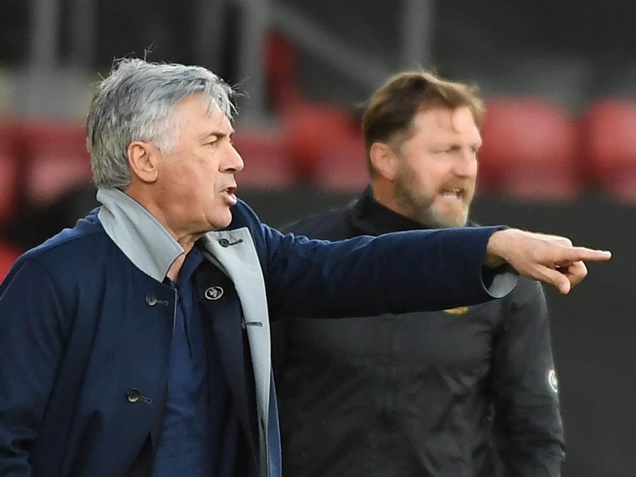 Everton coach Carlo Ancelotti (left) and Southampton manager Ralph Hasenhuttl (AFP via Getty Images)