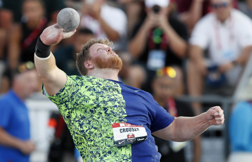 Ryan Crouser throws during the men's shot put at the U.S. Championships athletics meet, Friday, July 26, 2019, in Des Moines, Iowa. (AP Photo/Charlie Neibergall)