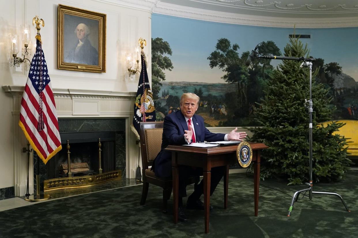 <span class="caption">U.S. President Donald Trump speaks with reporters after participating in a video teleconference call with members of the military on Nov. 26, 2020, at the White House in Washington. He reiterated his baseless claims during the news conference that the Nov. 3 election was 'rigged.'</span> <span class="attribution"><span class="source"> (AP Photo/Patrick Semansky)</span></span>