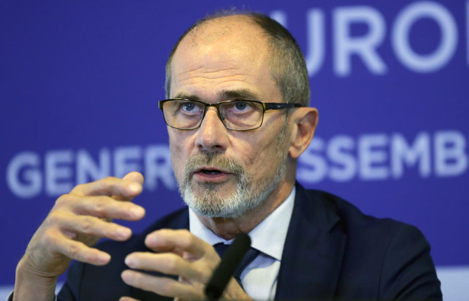 FILE - President of the European Leagues Lars-Christer Olsson speaks during the European Leagues General Assembly press conference in London, Friday Oct. 18, 2019. Former UEFA official Lars-Christer Olsson says UEFA is losing its reputation of standing for fair and consistent principles. (AP Photo/Kirsty Wigglesworth, File)