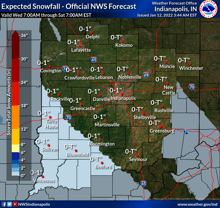 A map shows expected snowfall totals in Indiana from Jan. 12, 2022, until Jan. 15, 2022.