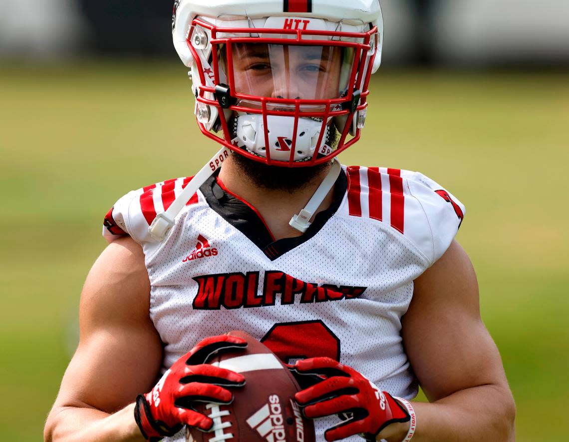 N.C. State running back Jordan Houston (3) waits for a drill to start during the Wolfpack’s first fall practice in Raleigh, N.C., Wednesday, August 2, 2023. Ethan Hyman/ehyman@newsobserver.com