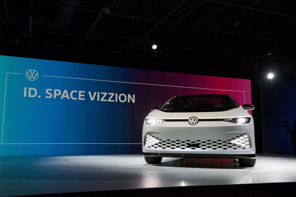 Volkswagen debuts the ID. Space Vizzion electric concept at the Petersen Automotive Museum in Los Angeles.