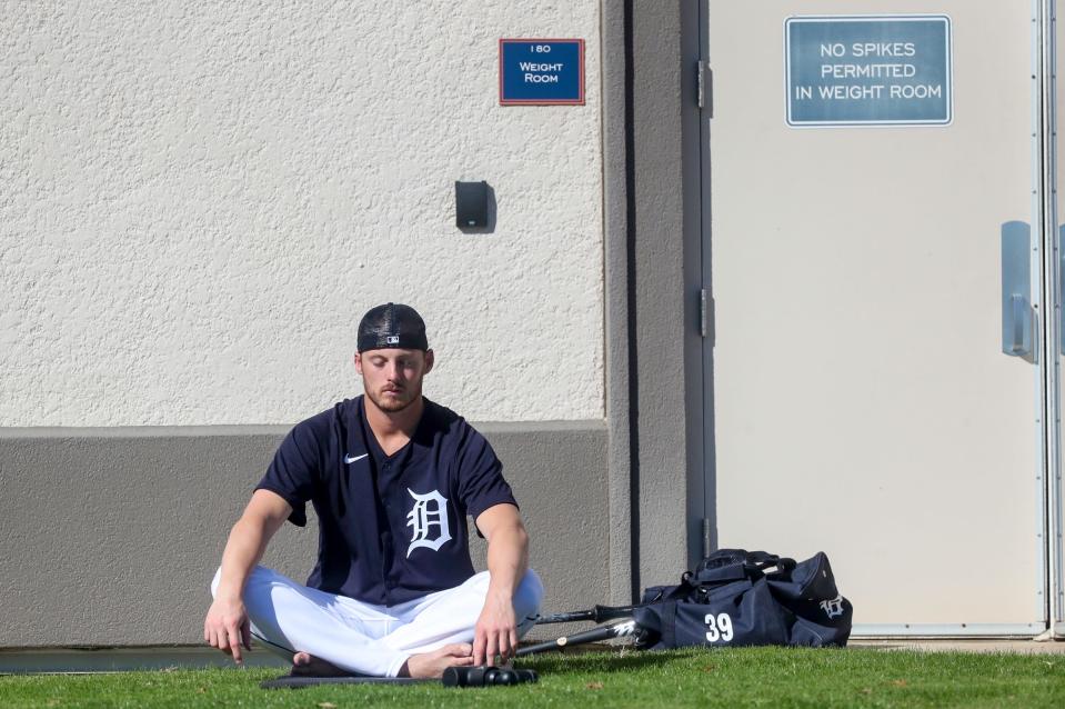 Detroit Tigers pitcher Mason Englert meditates before the start of workouts during spring training on Wednesday, February 15, 2023.