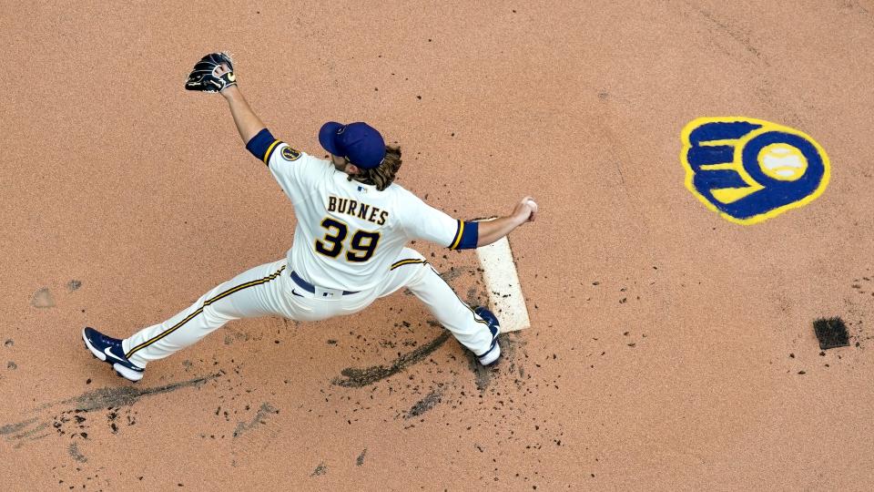 Milwaukee Brewers starting pitcher Corbin Burnes throws during the first inning of Game 1 of a doubleheader game against the San Francisco Giants on Thursday, Sept. 8, 2022, in Milwaukee.