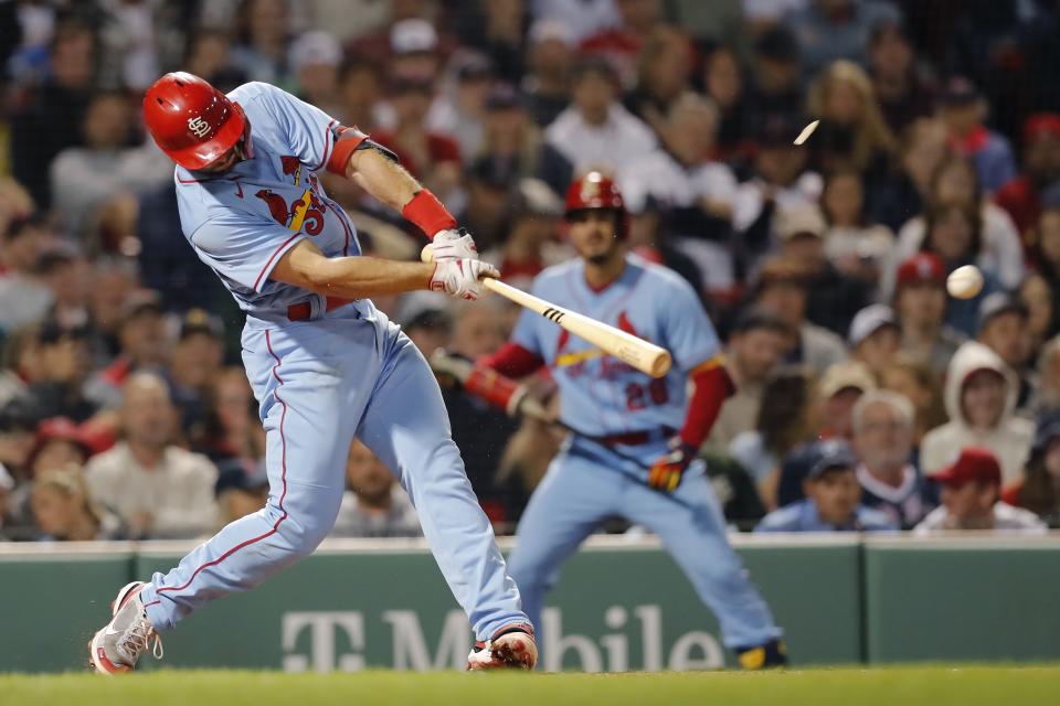 St. Louis Cardinals' Paul Goldschmidt hits a two-run single during the sixth inning of a baseball game against the Boston Red Sox, Saturday, June 18, 2022, in Boston. (AP Photo/Michael Dwyer)