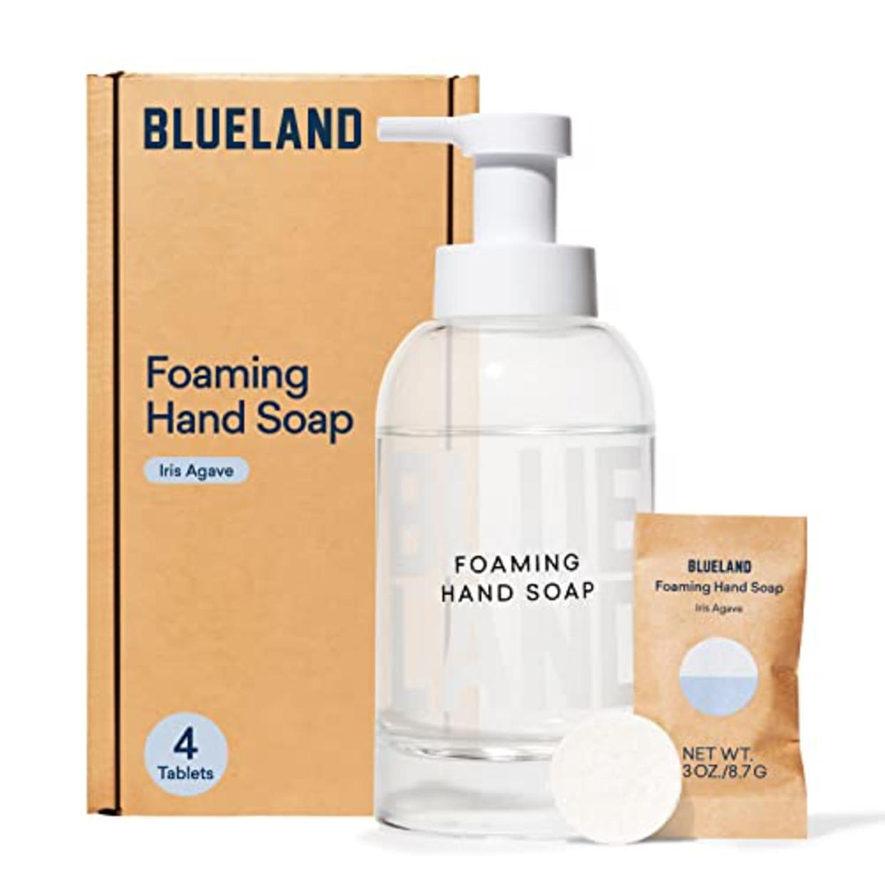 BLUELAND Hand Soap Starter Set - 1 Refillable Glass Foaming Hand Soap Dispenser + 4 Tablets Refills | Iris Agave Scent | Eco Friendly Hand Soap | Makes 4 x 9 Fl oz bottles (36 Fl oz total) (AMAZON)