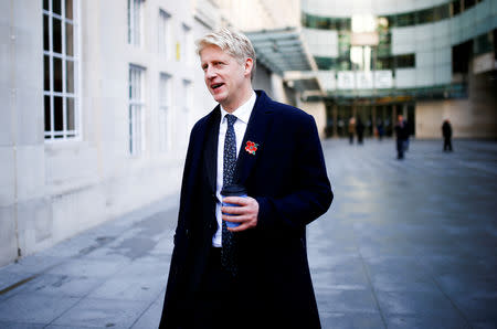 British Member of Parliament, Jo Johnson and his father Stanley Johnson, leave the BBC's Broadcasting House, in London, Britain November 10, 2018. REUTERS/Henry Nicholls