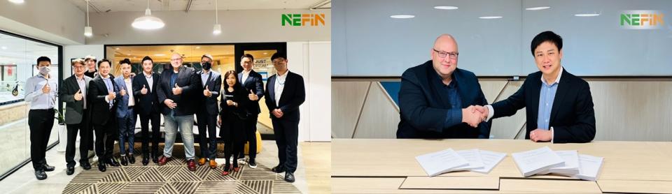 Left: Group photo of NEFIN and C&T ; Right: Left to right: Left to right: Mr Cedric Jaeg, CEO of Laketricity and C&T Taiwan, and Mr Glenn Lim, CEO of NEFIN Group