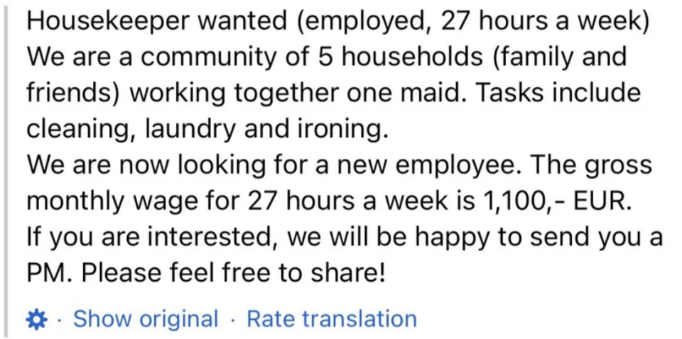 Job ad seeking a housekeeper for 27 hours a week across 5 households, offering a monthly wage of 1,100 EUR