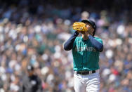 Seattle Mariners starting pitcher Luis Castillo reacts after getting through six scoreless innings against the Pittsburgh Pirates in a baseball game Saturday, May 27, 2023, in Seattle. (AP Photo/Lindsey Wasson)