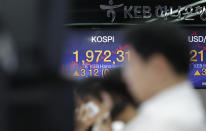A screen showing the Korea Composite Stock Price Index (KOSPI) is seen at the foreign exchange dealing room in Seoul, South Korea, Tuesday, Sept. 3, 2019. Asian stock markets were mostly lower Tuesday after investor jitters over U.S.-Chinese trade tension were revived by a report negotiators cannot agree on a schedule for talks this month. (AP Photo/Lee Jin-man)
