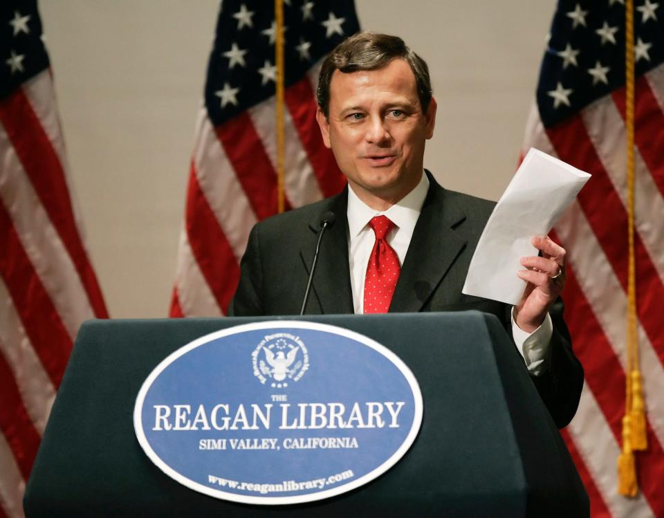 Supreme Court Chief Justice John Roberts in his first major speech since being sworn in last year reads an excerpt from his April 1986 resignation letter to President Ronald Reagan at the Ronald Reagan Presidential Library in Simi Valley, Calif., Wednesday, March 8, 2006.